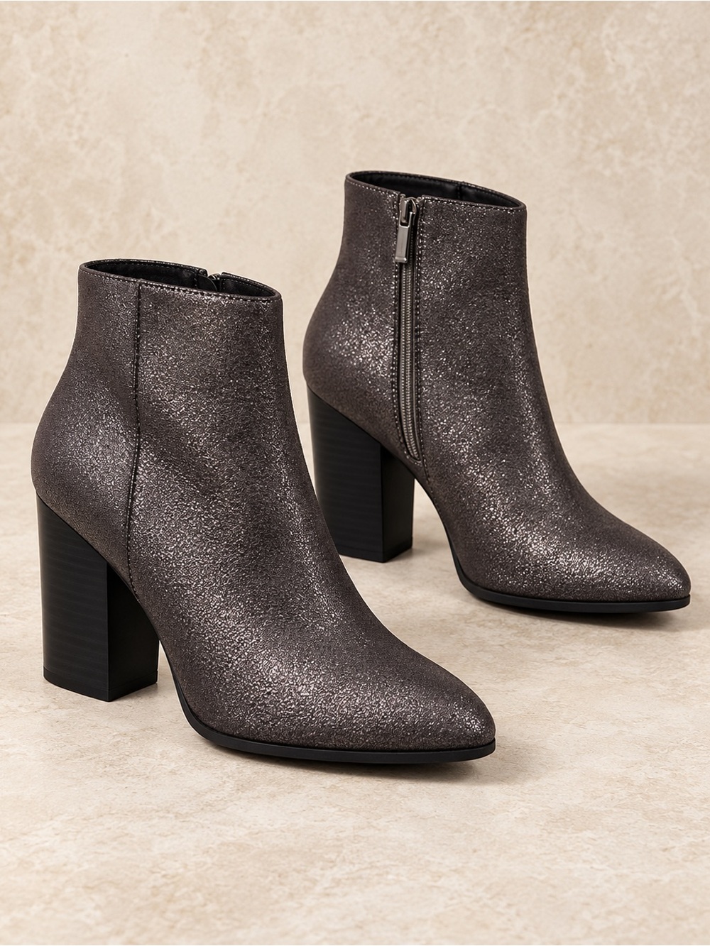Metallic Gray Women's Block Heel Ankle Boots